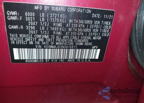 2022 Subaru Ascent Onyx Edition from USA, damaged, VIN 4S4WMAJD2N3410872